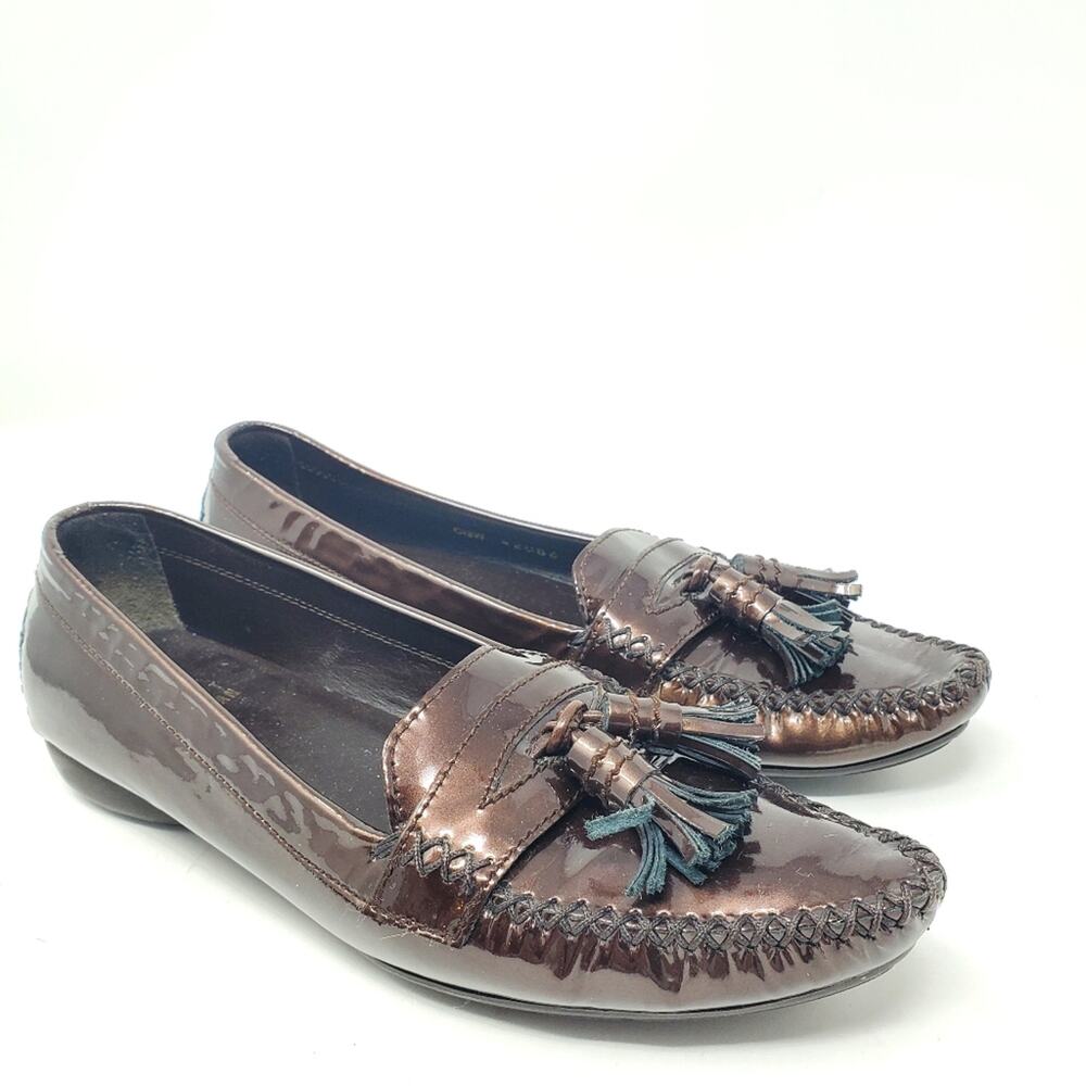 Stuart Weitzman Country Club Bronze Metallic Patent Leather Tassel Loafers